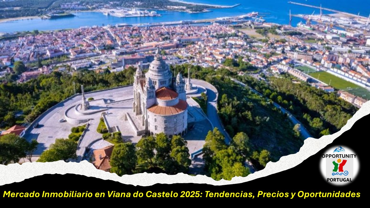 Vista aérea de Viana do Castelo mostrando el río Lima, el puente Eiffel y las zonas residenciales modernas, símbolo del crecimiento del mercado inmobiliario en 2025