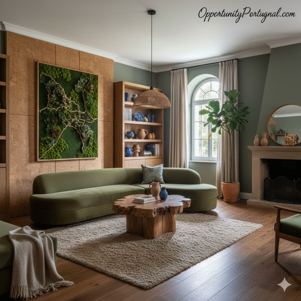 Sala de estar com sofá verde curvo, mesa de centro de madeira orgânica, parede de cortiça com jardim vertical de musgo, estante de madeira e janela de arco, design de interiores outono 2025.