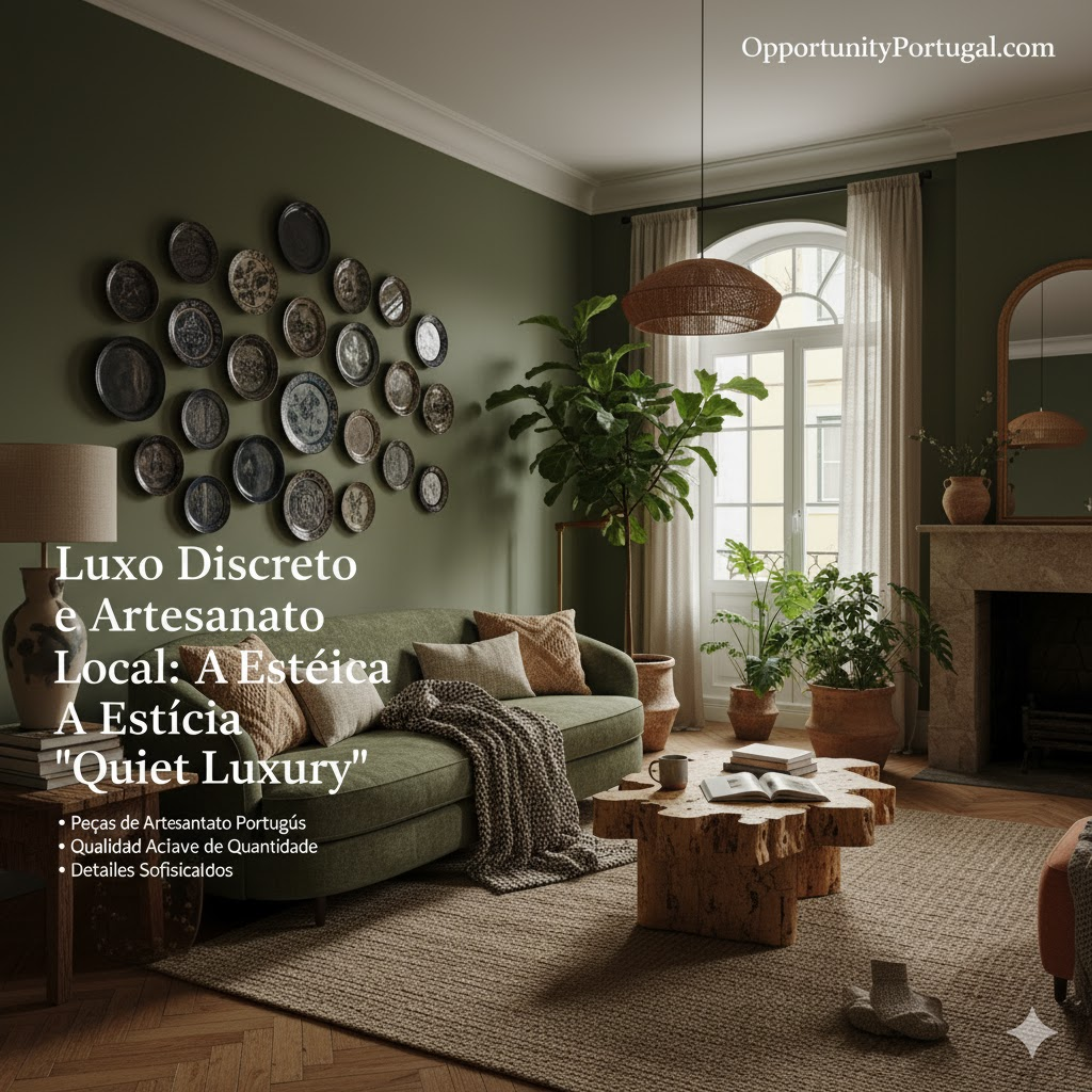 Sala de estar em tons de verde-azeitona e terrosos, com sofá verde, mesa de centro de madeira orgânica, plantas e parede decorada com cortiça e vegetação.